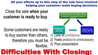8-6
All your efforts up to this step of the sale have involved
helping your customer make buying decisions
Define the phrase closing the sale (i.e.,
the point at which the customer makes
the decision to purchase the good or
service)
Demonstrate the
methods to
close a sale
Identify the most
common methods
of closing the sale
1) Lack of confidence
2) Feels product is unnecessary
3) Poor presentation
Difficulties With Closing:
Close the sale when your
customer is ready to buy.
Some customers are ready
to buy sooner than others,
therefore you must be
flexible.
 