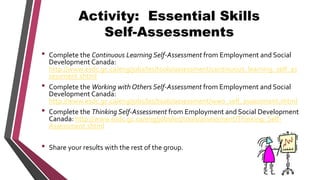 Activity: Essential Skills
Self-Assessments
• Complete the Continuous Learning Self-Assessment from Employment and Social
Development Canada:
http://www.esdc.gc.ca/eng/jobs/les/tools/assessment/continuous_learning_self_as
sessment.shtml
• Complete the Working with Others Self-Assessment from Employment and Social
Development Canada:
http://www.esdc.gc.ca/eng/jobs/les/tools/assessment/wwo_self_assessment.shtml
• Complete the Thinking Self-Assessment from Employment and Social Development
Canada: http://www.esdc.gc.ca/eng/jobs/les/tools/assessment/Thinking_Self-
Assessment.shtml
• Share your results with the rest of the group.
 
