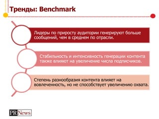 Тренды: Benchmark
Лидеры по приросту аудитории генерируют больше
сообщений, чем в среднем по отрасли.
Стабильность и интенсивность генерации контента
также влияют на увеличение числа подписчиков.
Степень разнообразия контента влияет на
вовлеченность, но не способствует увеличению охвата.
 