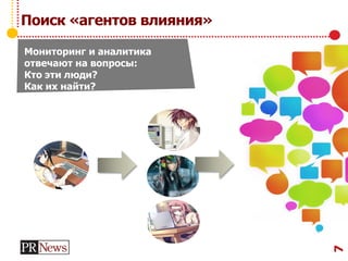 Поиск «агентов влияния»
7
Мониторинг и аналитика
отвечают на вопросы:
Кто эти люди?
Как их найти?
 