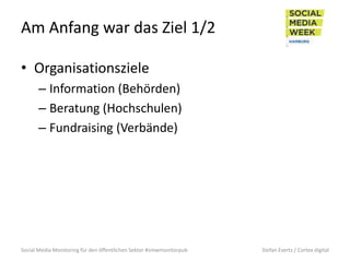 Am Anfang war das Ziel 1/2
• Organisationsziele
– Information (Behörden)
– Beratung (Hochschulen)
– Fundraising (Verbände)...