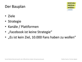 Der Bauplan
•
•
•
•
•

Ziele
Strategie
Kanäle / Plattformen
„Facebook ist keine Strategie“
„Es ist kein Ziel, 10.000 Fans ...