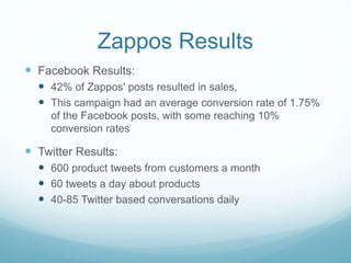 Zappos Results 
 Facebook Results: 
 42% of Zappos' posts resulted in sales, 
 This campaign had an average conversion rate of 1.75% 
of the Facebook posts, with some reaching 10% 
conversion rates 
 Twitter Results: 
 600 product tweets from customers a month 
 60 tweets a day about products 
 40-85 Twitter based conversations daily 
 