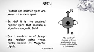 SPIN
• Protons and neutron spins are
known as nuclear spins.
• In NMR it is the unpaired
nuclear spins that produce a
signal in a magnetic field.
• Due to combination of charge
and nuclear spins these
nuclei behave as Magnetic
dipole.
The positively
charged hydrogen
proton spins about
its axis and acts like
a tiny magnet.
Dr. Shubhankar
 