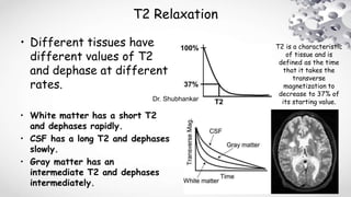 T2 Relaxation
• Different tissues have
different values of T2
and dephase at different
rates.
• White matter has a short T2
and dephases rapidly.
• CSF has a long T2 and dephases
slowly.
• Gray matter has an
intermediate T2 and dephases
intermediately.
T2 is a characteristic
of tissue and is
defined as the time
that it takes the
transverse
magnetization to
decrease to 37% of
its starting value.Dr. Shubhankar
 