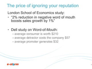 The price of ignoring your reputation <ul><li>London School of Economics study: </li></ul><ul><li>“ 2% reduction in negati...