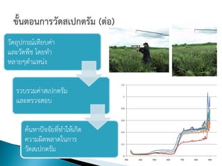 วัดอุปกรณ์เทียบค่า
และวัดพืช โดยทา
หลายๆตาแหน่ง


   รวบรวมค่าสเปกตรัม
   และตรวจสอบ


      ค้นหาปัจจัยที่ทาให้เกิด
      ความผิดพลาดในการ
      วัดสเปกตรัม
 