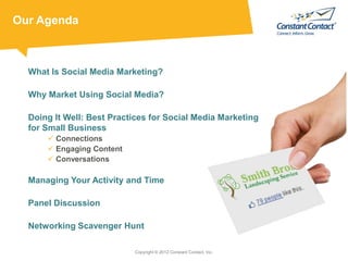 Our Agenda



  What Is Social Media Marketing?

  Why Market Using Social Media?

  Doing It Well: Best Practices for Soc...