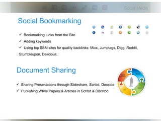 Social Bookmarking
  Bookmarking Links from the Site
  Adding keywords
  Using top SBM sites for quality backlinks: Mixx, Jumptags, Digg, Reddit,
 Stumbleupon, Delicious..



Document Sharing
 Sharing Presentations through Slideshare, Scribd, Docstoc
 Publishing White Papers & Articles in Scribd & Docstoc
 