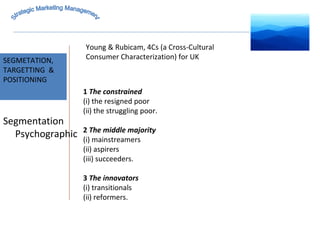 MARKET INTELLIGENCE SEGMETATION, TARGETTING  & POSITIONING Strategic Marketing Management Segmentation Psychographic Young & Rubicam, 4Cs (a Cross-Cultural Consumer Characterization) for UK 1  The constrained (i) the resigned poor (ii) the struggling poor. 2  The middle majority (i) mainstreamers (ii) aspirers (iii) succeeders. 3  The innovators (i) transitionals (ii) reformers. 