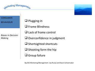Marketing Management MARKET INTELLIGENCE CONSUMER  BEHAVIOUR Biases in Decision Making Plugging-in Frame Blindness Lack of frame control Overconfidence in judgment Shortsighted shortcuts Shooting form the hip Group failure Pg 202 Marketing Management  Jay Russo and Kevin Schoemaker 