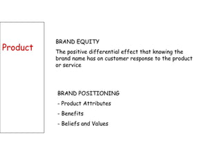 Product BRAND EQUITY The positive differential effect that knowing the brand name has on customer response to the product or service  BRAND POSITIONING Product Attributes Benefits Beliefs and Values 