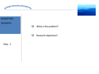 MARKET INTELLIGENCE MARKETING RESEARCH Step - 1 What is the problem? Research objectives?  Strategic Marketing Management 