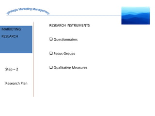 MARKET INTELLIGENCE MARKETING RESEARCH Step – 2 Research Plan RESEARCH INSTRUMENTS Questionnaires Focus Groups Qualitative Measures  Strategic Marketing Management 