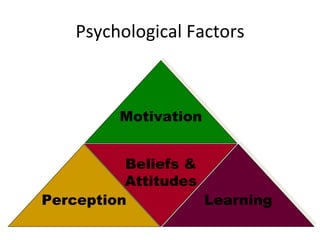 Psychological Factors Perception Learning Beliefs & Attitudes Motivation 