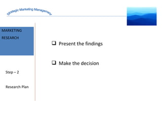 MARKET INTELLIGENCE MARKETING RESEARCH Step – 2 Research Plan Present the findings Make the decision Strategic Marketing Management 