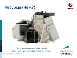 Ресурсы (Чем?)




      Обязательно нужно планировать!
   Основные – деньги, люди, техника, время.
 