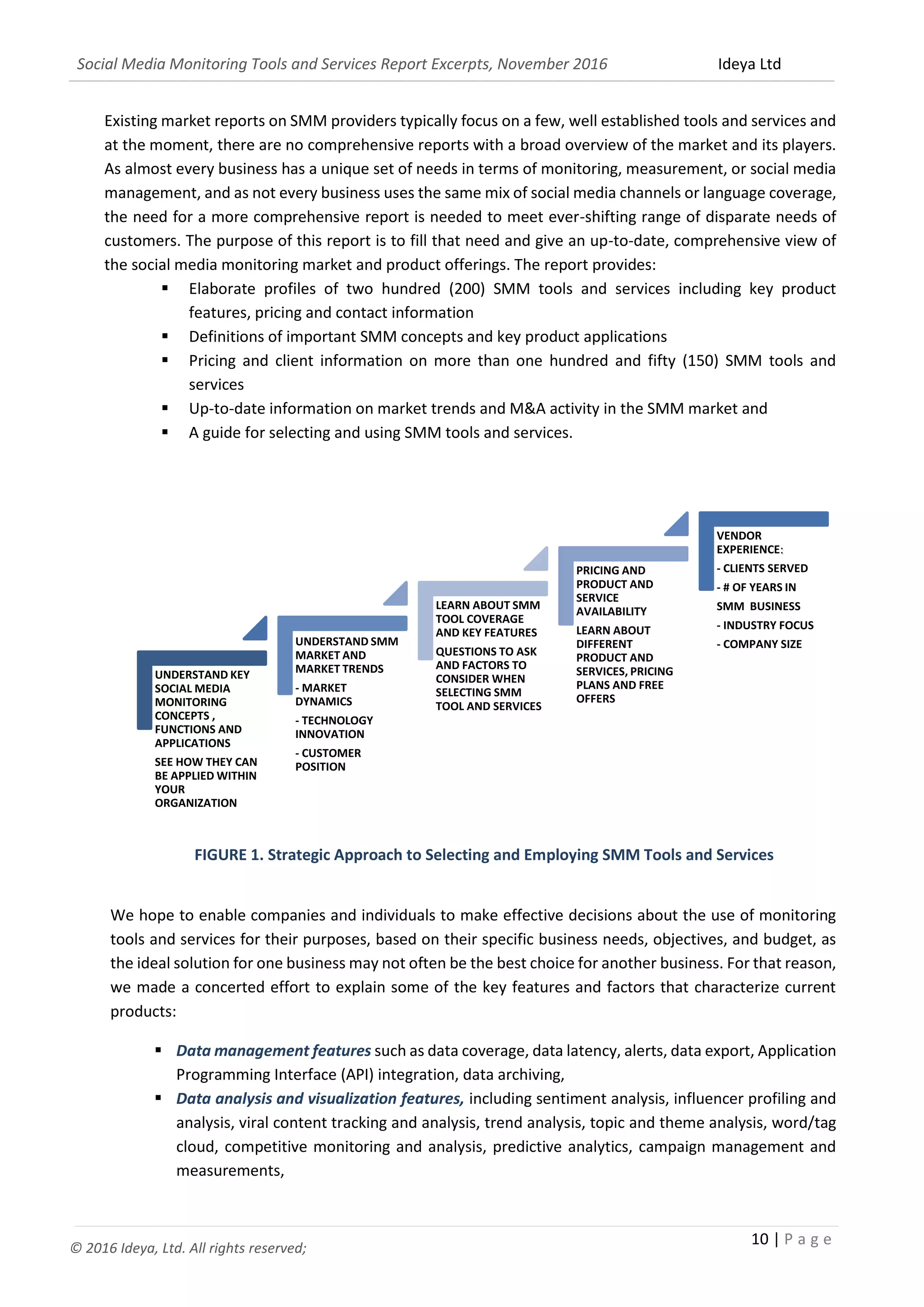 Social Media Monitoring Tools and Services Report Excerpts, November 2016 Ideya Ltd
10 | P a g e
© 2016 Ideya, Ltd. All rights reserved;
Existing market reports on SMM providers typically focus on a few, well established tools and services and
at the moment, there are no comprehensive reports with a broad overview of the market and its players.
As almost every business has a unique set of needs in terms of monitoring, measurement, or social media
management, and as not every business uses the same mix of social media channels or language coverage,
the need for a more comprehensive report is needed to meet ever-shifting range of disparate needs of
customers. The purpose of this report is to fill that need and give an up-to-date, comprehensive view of
the social media monitoring market and product offerings. The report provides:
 Elaborate profiles of two hundred (200) SMM tools and services including key product
features, pricing and contact information
 Definitions of important SMM concepts and key product applications
 Pricing and client information on more than one hundred and fifty (150) SMM tools and
services
 Up-to-date information on market trends and M&A activity in the SMM market and
 A guide for selecting and using SMM tools and services.
FIGURE 1. Strategic Approach to Selecting and Employing SMM Tools and Services
We hope to enable companies and individuals to make effective decisions about the use of monitoring
tools and services for their purposes, based on their specific business needs, objectives, and budget, as
the ideal solution for one business may not often be the best choice for another business. For that reason,
we made a concerted effort to explain some of the key features and factors that characterize current
products:
 Data management features such as data coverage, data latency, alerts, data export, Application
Programming Interface (API) integration, data archiving,
 Data analysis and visualization features, including sentiment analysis, influencer profiling and
analysis, viral content tracking and analysis, trend analysis, topic and theme analysis, word/tag
cloud, competitive monitoring and analysis, predictive analytics, campaign management and
measurements,
UNDERSTAND KEY
SOCIAL MEDIA
MONITORING
CONCEPTS ,
FUNCTIONS AND
APPLICATIONS
SEE HOW THEY CAN
BE APPLIED WITHIN
YOUR
ORGANIZATION
UNDERSTAND SMM
MARKET AND
MARKET TRENDS
- MARKET
DYNAMICS
- TECHNOLOGY
INNOVATION
- CUSTOMER
POSITION
LEARN ABOUT SMM
TOOL COVERAGE
AND KEY FEATURES
QUESTIONS TO ASK
AND FACTORS TO
CONSIDER WHEN
SELECTING SMM
TOOL AND SERVICES
PRICING AND
PRODUCT AND
SERVICE
AVAILABILITY
LEARN ABOUT
DIFFERENT
PRODUCT AND
SERVICES, PRICING
PLANS AND FREE
OFFERS
VENDOR
EXPERIENCE:
- CLIENTS SERVED
- # OF YEARS IN
SMM BUSINESS
- INDUSTRY FOCUS
- COMPANY SIZE
 