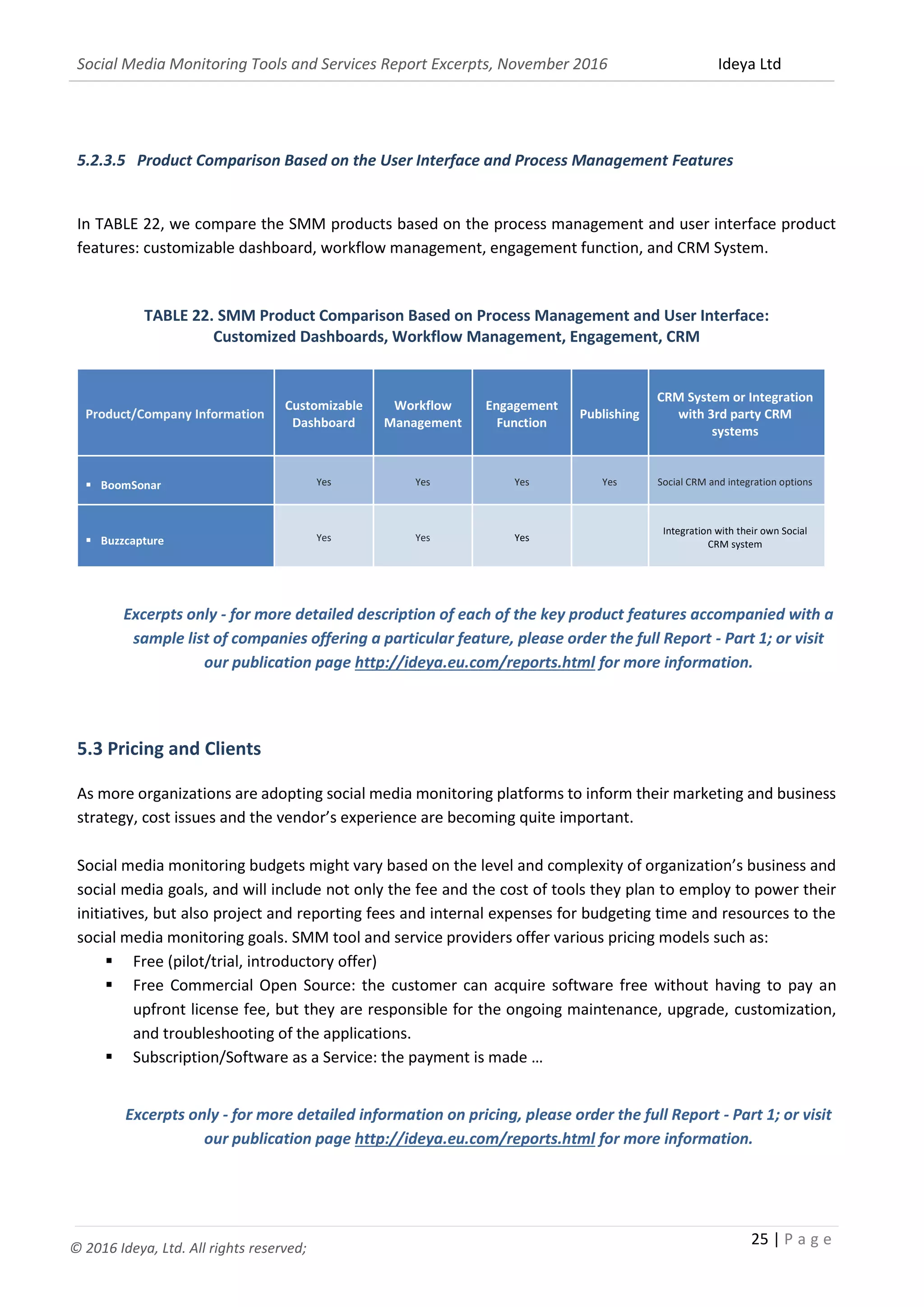 Social Media Monitoring Tools and Services Report Excerpts, November 2016 Ideya Ltd
25 | P a g e
© 2016 Ideya, Ltd. All rights reserved;
5.2.3.5 Product Comparison Based on the User Interface and Process Management Features
In TABLE 22, we compare the SMM products based on the process management and user interface product
features: customizable dashboard, workflow management, engagement function, and CRM System.
TABLE 22. SMM Product Comparison Based on Process Management and User Interface:
Customized Dashboards, Workflow Management, Engagement, CRM
Product/Company Information
Customizable
Dashboard
Workflow
Management
Engagement
Function
Publishing
CRM System or Integration
with 3rd party CRM
systems
 BoomSonar Yes Yes Yes Yes Social CRM and integration options
 Buzzcapture Yes Yes Yes
Integration with their own Social
CRM system
Excerpts only - for more detailed description of each of the key product features accompanied with a
sample list of companies offering a particular feature, please order the full Report - Part 1; or visit
our publication page http://ideya.eu.com/reports.html for more information.
5.3 Pricing and Clients
As more organizations are adopting social media monitoring platforms to inform their marketing and business
strategy, cost issues and the vendor’s experience are becoming quite important.
Social media monitoring budgets might vary based on the level and complexity of organization’s business and
social media goals, and will include not only the fee and the cost of tools they plan to employ to power their
initiatives, but also project and reporting fees and internal expenses for budgeting time and resources to the
social media monitoring goals. SMM tool and service providers offer various pricing models such as:
 Free (pilot/trial, introductory offer)
 Free Commercial Open Source: the customer can acquire software free without having to pay an
upfront license fee, but they are responsible for the ongoing maintenance, upgrade, customization,
and troubleshooting of the applications.
 Subscription/Software as a Service: the payment is made …
Excerpts only - for more detailed information on pricing, please order the full Report - Part 1; or visit
our publication page http://ideya.eu.com/reports.html for more information.
 