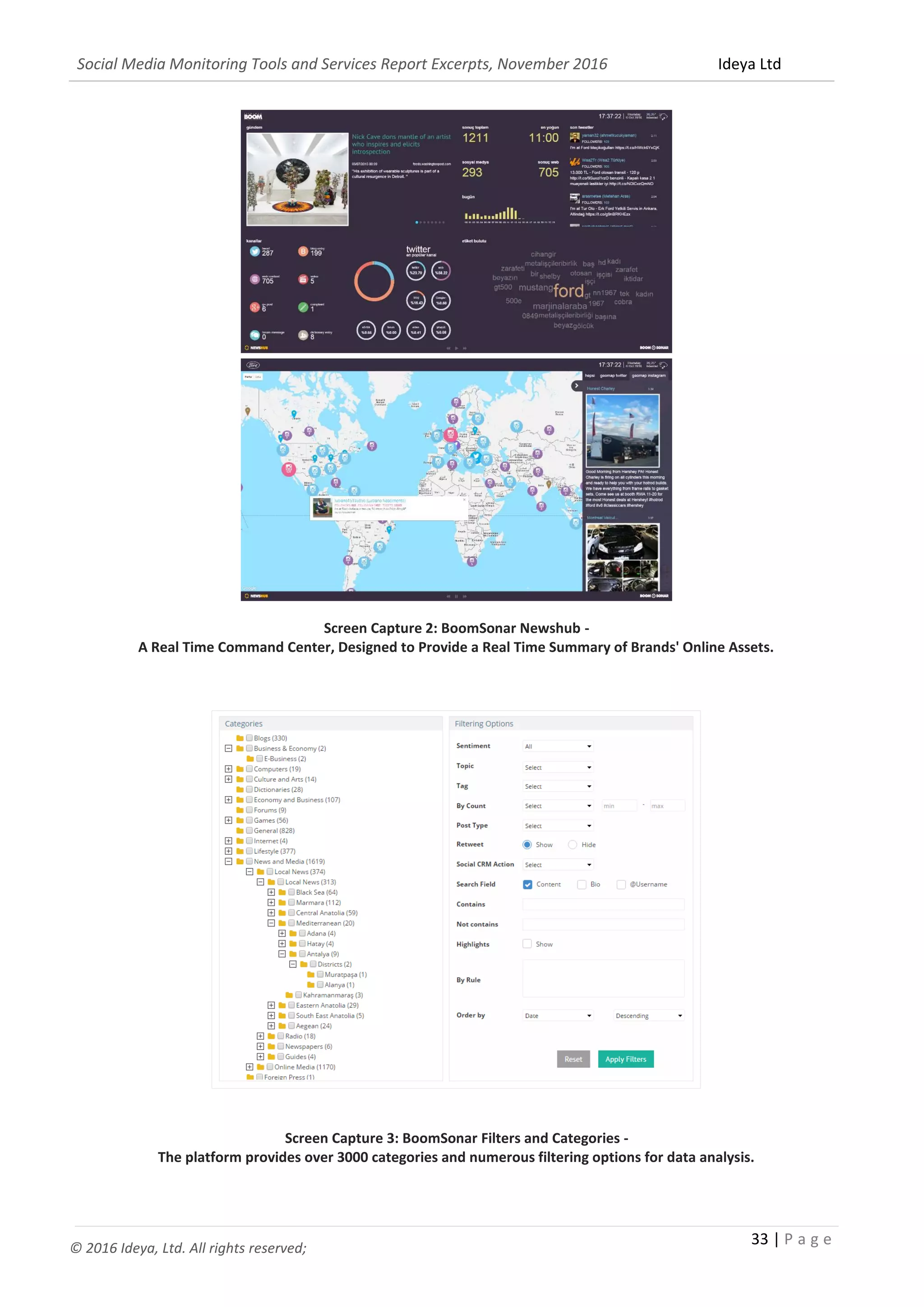 Social Media Monitoring Tools and Services Report Excerpts, November 2016 Ideya Ltd
33 | P a g e
© 2016 Ideya, Ltd. All rights reserved;
Screen Capture 2: BoomSonar Newshub -
A Real Time Command Center, Designed to Provide a Real Time Summary of Brands' Online Assets.
Screen Capture 3: BoomSonar Filters and Categories -
The platform provides over 3000 categories and numerous filtering options for data analysis.
 