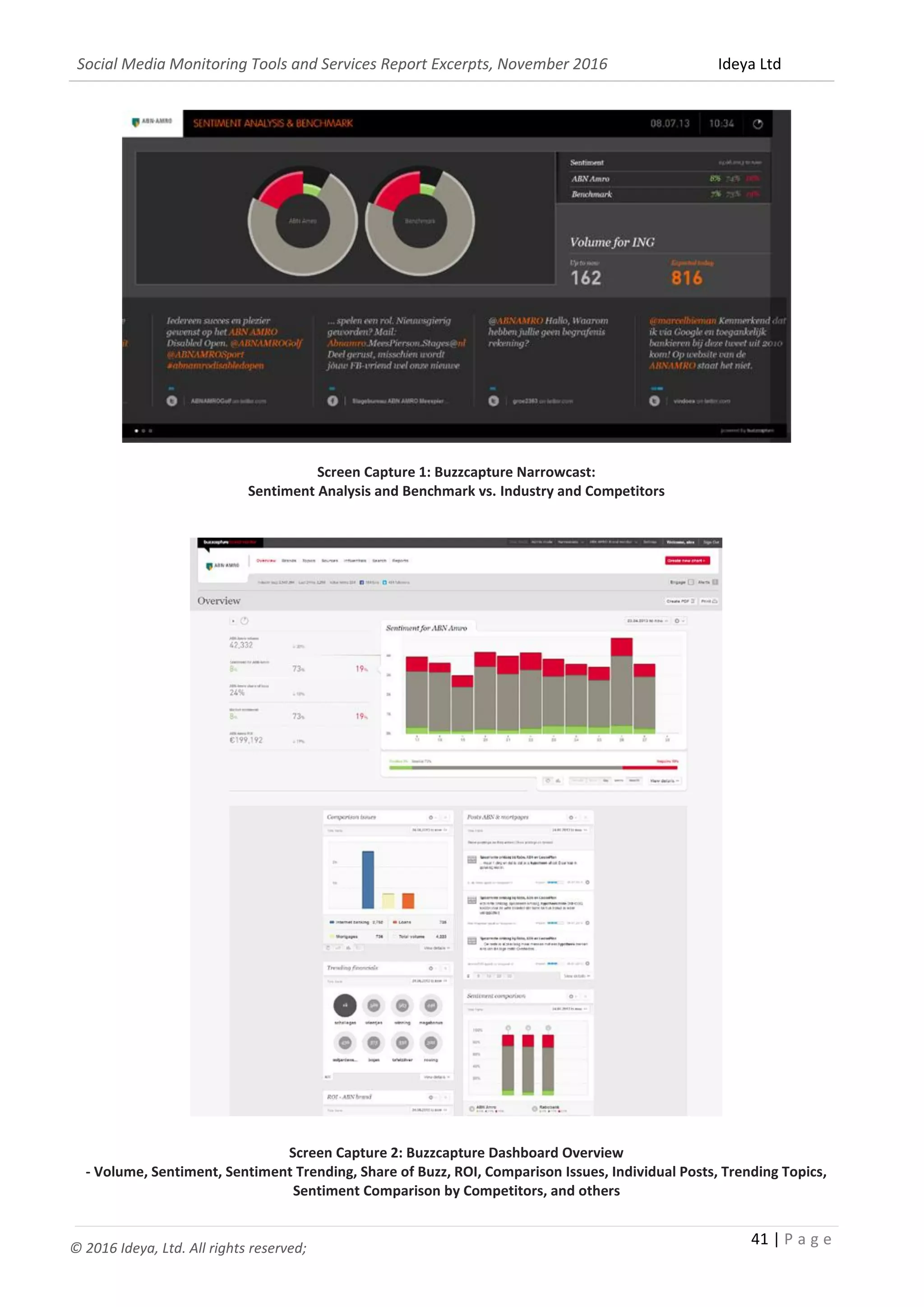Social Media Monitoring Tools and Services Report Excerpts, November 2016 Ideya Ltd
41 | P a g e
© 2016 Ideya, Ltd. All rights reserved;
Screen Capture 1: Buzzcapture Narrowcast:
Sentiment Analysis and Benchmark vs. Industry and Competitors
Screen Capture 2: Buzzcapture Dashboard Overview
- Volume, Sentiment, Sentiment Trending, Share of Buzz, ROI, Comparison Issues, Individual Posts, Trending Topics,
Sentiment Comparison by Competitors, and others
 