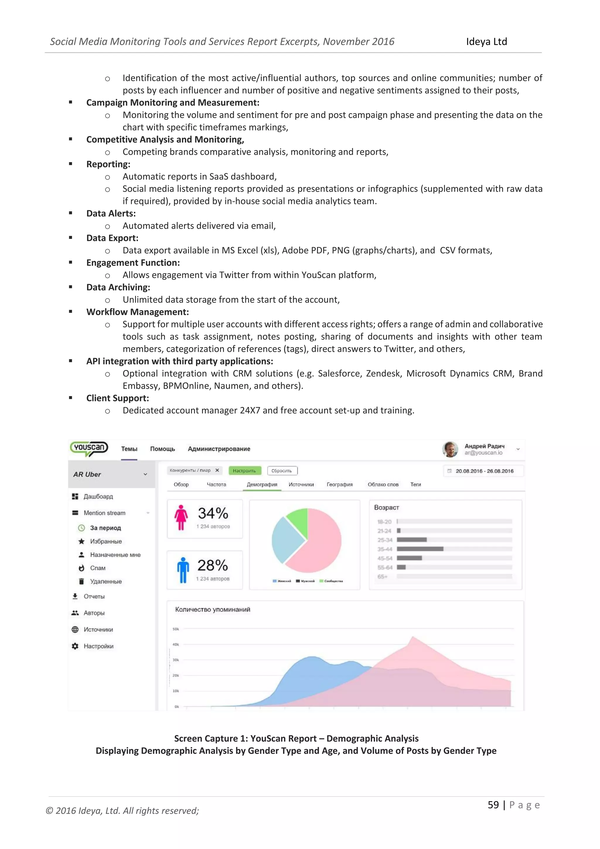 Social Media Monitoring Tools and Services Report Excerpts, November 2016 Ideya Ltd
59 | P a g e
© 2016 Ideya, Ltd. All rights reserved;
 Influencer Profiling and Analysis:
o Identification of the most active/influential authors, top sources and online communities; number of
posts by each influencer and number of positive and negative sentiments assigned to their posts,
 Campaign Monitoring and Measurement:
o Monitoring the volume and sentiment for pre and post campaign phase and presenting the data on the
chart with specific timeframes markings,
 Competitive Analysis and Monitoring,
o Competing brands comparative analysis, monitoring and reports,
 Reporting:
o Automatic reports in SaaS dashboard,
o Social media listening reports provided as presentations or infographics (supplemented with raw data
if required), provided by in-house social media analytics team.
 Data Alerts:
o Automated alerts delivered via email,
 Data Export:
o Data export available in MS Excel (xls), Adobe PDF, PNG (graphs/charts), and CSV formats,
 Engagement Function:
o Allows engagement via Twitter from within YouScan platform,
 Data Archiving:
o Unlimited data storage from the start of the account,
 Workflow Management:
o Support for multiple user accounts with different access rights; offers a range of admin and collaborative
tools such as task assignment, notes posting, sharing of documents and insights with other team
members, categorization of references (tags), direct answers to Twitter, and others,
 API integration with third party applications:
o Optional integration with CRM solutions (e.g. Salesforce, Zendesk, Microsoft Dynamics CRM, Brand
Embassy, BPMOnline, Naumen, and others).
 Client Support:
o Dedicated account manager 24X7 and free account set-up and training.
Screen Capture 1: YouScan Report – Demographic Analysis
Displaying Demographic Analysis by Gender Type and Age, and Volume of Posts by Gender Type
 