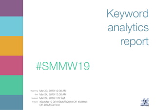 Beginning: Mar 20, 2019 12:00 AM
End: Mar 24, 2019 12:00 AM
Updated: Mar 24, 2019 1:22 AM
Analysis: #SMMW19 OR #SMMW2019 OR #SMMW
OR @SMExaminer
Keyword
analytics
report
#SMMW19
 