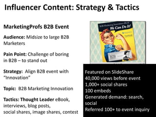 @LeeOdden TopRankMarketing.com
Influencer Content: Strategy & Tactics
MarketingProfs B2B Event
Audience: Midsize to large B2B
Marketers
Pain Point: Challenge of boring
in B2B – to stand out
Strategy: Align B2B event with
“Innovation”
Topic: B2B Marketing Innovation
Tactics: Thought Leader eBook,
interviews, blog posts,
social shares, image shares, contest
Featured on SlideShare
40,000 views before event
1,000+ social shares
100 embeds
Generated demand: search,
social
Referred 100+ to event inquiry
 