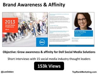 @LeeOdden TopRankMarketing.com
Brand Awareness & Affinity
153k Views
Objective: Grow awareness & affinity for Dell Social Media Solutions
Short interviews with 15 social media industry thought leaders
 