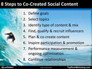 @LeeOdden TopRankMarketing.com
8 Steps to Co-Created Social Content
1. Define goals
2. Select topics
3. Identify type of content & mix
4. Find, qualify & recruit influencers
5. Plan & co-create content
6. Inspire participation & promotion
7. Performance measurement &
ongoing optimization
8. Continue relationships
@LeeOdden Image: Shutterstock TopRankMarketing.com
 