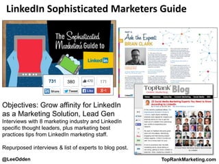 @LeeOdden TopRankMarketing.com
LinkedIn Sophisticated Marketers Guide
Objectives: Grow affinity for LinkedIn
as a Marketing Solution, Lead Gen
Interviews with 8 marketing industry and LinkedIn
specific thought leaders, plus marketing best
practices tips from LinkedIn marketing staff.
Repurposed interviews & list of experts to blog post.
 