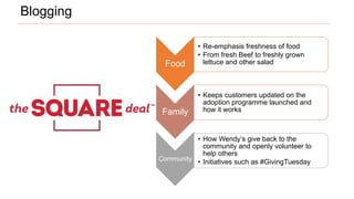 Food
• Re-emphasis freshness of food
• From fresh Beef to freshly grown
lettuce and other salad
Family
• Keeps customers updated on the
adoption programme launched and
how it works
Community
• How Wendy’s give back to the
community and openly volunteer to
help others
• Initiatives such as #GivingTuesday
Blogging
 