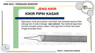 14
JENIS KIKIR
Digunakan untuk penyudahan rata.Salah satu daripada tepinya tidak
ada gigi dan di sebut sebagai tepi selamat Tepi selamat digunakan
semasa mengikir penjuru dalam. Gred gigi kikir ini terdiri dari kasar
hingga tersangat halus
KIKIR PIPIH KASAR
SMN 1013 : TEKNOLOGI WOKSYOP
TOPIK 2 : PERALATAN TANGAN
 