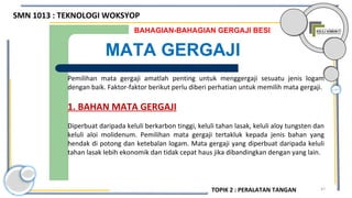 47
BAHAGIAN-BAHAGIAN GERGAJI BESI
MATA GERGAJI
Pemilihan mata gergaji amatlah penting untuk menggergaji sesuatu jenis logam
dengan baik. Faktor-faktor berikut perlu diberi perhatian untuk memilih mata gergaji.
1. BAHAN MATA GERGAJI
Diperbuat daripada keluli berkarbon tinggi, keluli tahan lasak, keluli aloy tungsten dan
keluli aloi molidenum. Pemilihan mata gergaji tertakluk kepada jenis bahan yang
hendak di potong dan ketebalan logam. Mata gergaji yang diperbuat daripada keluli
tahan lasak lebih ekonomik dan tidak cepat haus jika dibandingkan dengan yang lain.
SMN 1013 : TEKNOLOGI WOKSYOP
TOPIK 2 : PERALATAN TANGAN
 