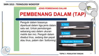 68
PEMBENANG DALAM (TAP)
JENIS PEMBENANG DALAM
Pengulir dalam biasanya
diperbuat dalam tiga jenis dalam
satu set. Untuk pemotongan
sebarang saiz dalam ukuran
metrik dan inci. Pengulir dalam
disebut tirus, sedang dan pepat
atau tirus, palam dan ‘bottoming’.
a. Tirus
b. Palam
c. Pepat atau ‘Bottoming’
SMN 1013 : TEKNOLOGI WOKSYOP
TOPIK 2 : PERALATAN TANGAN
 