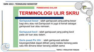 79
TERMINOLOGI ULIR SKRU
PEMBENANG DALAM
Garispusat besar : ialah garispusat yang paling besar
bagi skru atau nat.Garispusat ini juga di kenali sebagai
garispusat luar atau namaan.
Garispusat kecil : ialah garispusat yang paling kecil
pada ulir luar atau dalam.
Garis pusat Pic Ulir : ialah garispusat selinder
bayangan(tidak dapat dilihat) yang melalui benang pada
satu titik dimana lebar benang adalah sama
SMN 1013 : TEKNOLOGI WOKSYOP
TOPIK 2 : PERALATAN TANGAN
 