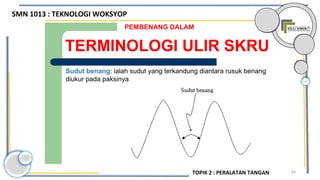 83
TERMINOLOGI ULIR SKRU
PEMBENANG DALAM
Sudut benang: ialah sudut yang terkandung diantara rusuk benang
diukur pada paksinya
SMN 1013 : TEKNOLOGI WOKSYOP
TOPIK 2 : PERALATAN TANGAN
 