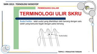 85
TERMINOLOGI ULIR SKRU
PEMBENANG DALAM
Sudut heliks : ialah sudut yang diterbitkan oleh benang dengan satu
satah yang bersudut tegak dengan paksi benang
SMN 1013 : TEKNOLOGI WOKSYOP
TOPIK 2 : PERALATAN TANGAN
 