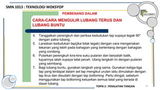 88
N
CARA-CARA MENGULIR LUBANG TERUS DAN
LUBANG BUNTU
PEMBENANG DALAM
4. Tanggalkan perengkuh dan periksa kedudukan tap supaya tegak 90°
dengan paksi lubang.
5. Laraskan kedudukan tap(jika tidak tegak) dengan cara mengenakan
tekanan yang lebih pada bahagian yang bertentang dengan bahagian
yang condong.
6. Putarkan perengkuh kira-kira suku putaran dan berpatah balik,
tujuannya ialah supaya tatal pecah. Ulang langkah ini dengan putaran
yang seimbang.
7. Bagi lubang buntu, gunakan langkah yang sama. Gunakan ketiga-tiga
tap yang terdapat dalam set tap mengikut urutan iaitu dimulakan dengan
tap tirus dan disudahi dengan tap bottoming. Perlu diingat, sebelum
menggunakan tap bottoming keluarkan semua tatal yang berada di
dasar lubang.
SMN 1013 : TEKNOLOGI WOKSYOP
TOPIK 2 : PERALATAN TANGAN
 