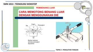 95
CARA MEMOTONG BENANG LUAR
DENGAN MENGGUNAKAN DIE
PEMBENANG LUAR
Die Perengkuh
Berikan tekanan
semasa perengkuh
diputarkan
SMN 1013 : TEKNOLOGI WOKSYOP
TOPIK 2 : PERALATAN TANGAN
 