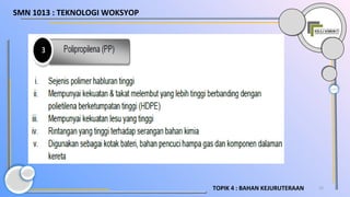 23TOPIK 4 : BAHAN KEJURUTERAAN
SMN 1013 : TEKNOLOGI WOKSYOP
 