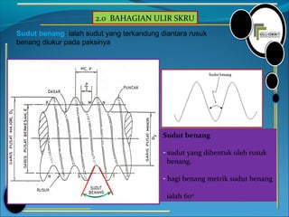 2.0 BAHAGIAN ULIR SKRU
Sudut benang: ialah sudut yang terkandung diantara rusuk
benang diukur pada paksinya
Sudut benang
- sudut yang dibentuk oleh rusuk
benang.
- bagi benang metrik sudut benang
ialah 60o
 