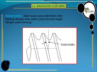 2.0 BAHAGIAN ULIR SKRU
Sudut heliks : ialah sudut yang diterbitkan oleh
benang dengan satu satah yang bersudut tegak
dengan paksi benang
 