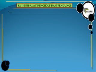 8.0 JENIS ALAT PENGIKAT DAN PENGUNCI
Klip
Klip digolongkan sebagai pengikat bendungan. Ia diperbuat daripada keluli anjal. Klip terdapat dalam dua bentuk asas, iaitu :
1. Klip lengkung luar
2. Klip lengkung dalam
Kedua-dua klip ing klip, sejenis playar khas digunakanni dipasang pada alur dibahagian luar aci atau alur bahagian dalam lubang. Klip ini boleh melekap dengan elok pada alur kerana terdapatnya tindakan menguncup bagi klip lengkung luar dan tindakan mengembang bagi klip lengkung dalam. Untuk memasang klip, sejenis playar khas digunakan.
 