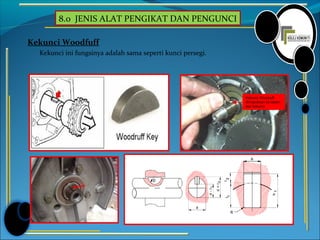 8.0 JENIS ALAT PENGIKAT DAN PENGUNCI
Kekunci Woodfuff
Kekunci ini fungsinya adalah sama seperti kunci persegi.
Kekunci Woodruff
dimasukkan ke dalam
alur kekunci
 