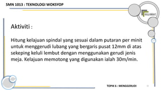 22
Aktiviti :
Hitung kelajuan spindal yang sesuai dalam putaran per minit
untuk menggerudi lubang yang bergaris pusat 12mm di atas
sekeping keluli lembut dengan menggunakan gerudi jenis
meja. Kelajuan memotong yang digunakan ialah 30m/min.
TOPIK 6 : MENGGERUDI
SMN 1013 : TEKNOLOGI WOKSYOP
 