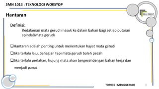 23
Definisi:
Kedalaman mata gerudi masuk ke dalam bahan bagi setiap putaran
spindal/mata gerudi
Hantaran adalah penting untuk menentukan hayat mata gerudi
Jika terlalu laju, bahagian tepi mata gerudi boleh pecah
Jika terlalu perlahan, hujung mata akan bergesel dengan bahan kerja dan
menjadi panas
Hantaran
TOPIK 6 : MENGGERUDI
SMN 1013 : TEKNOLOGI WOKSYOP
 