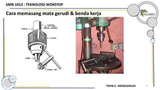 28
Cara memasang mata gerudi & benda kerja
TOPIK 6 : MENGGERUDI
SMN 1013 : TEKNOLOGI WOKSYOP
 