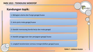 3
Kandungan topik:
1. Bahagian utama dan fungsi gergaji kuasa
2. Jenis-jenis mata gergaji kuasa
3. Kaedah memasang benda kerja dan mata gergaji
4. Kaedah penggunaan dan penjagaan gergaji kuasa
5. Langkah keselamatan semasa mengendalikan gergaji kuasa
SMN 1013 : TEKNOLOGI WOKSYOP
TOPIK 7 : GERGAJI KUASA
 