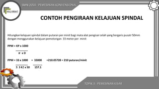 SMN 2054 : PEMESINAN KONVENSIONAL
TOPIK 3 : PEMESINAN KISAR
CONTOH PENGIRAAN KELAJUAN SPINDAL
 